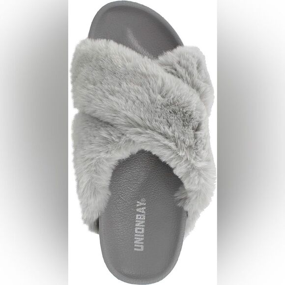 UNIONBAY Women's Luxe Faux Fur Slipper Slides Sandals Grey Size 8 NWT Cozy Soft - Picture 4 of 6